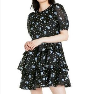 Sandy Liang Floral Polka Dot Tiered Mini Dress Ruffle Navy Yellow Black White S